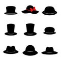 Hat icons. Collection of black different hats isolated on white background. Vector Royalty Free Stock Photo