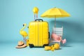 sunglasses vacation yellow leisure concept summer suitcase travel background blue flamingo. Generative AI. Royalty Free Stock Photo