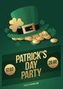 Hat Leprechaun, clover and coins - symbols of St. Patrick`s day. Poster to celebrate Irish St. Patrick`s Day.