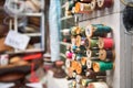 Hat maker workshop. Close up of colorful thread spools Royalty Free Stock Photo