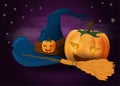 The hat next to scary pumpkins and witch broom illustration design for decoration