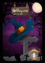 The hat next to scary pumpkins and witch broom illustration design for decoration