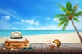 Hat, passenger suitcase, sunglasses, coconut, shell on beach table.