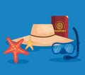 hat with passport and snorkel masks with starfish