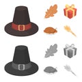 Hat of a pilgrim, oak leaf, gift in a box, fried turkey. Canada thanksgiving day set collection icons in cartoon