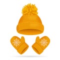 Hat with a Pompom and Mitten Set. Vector