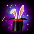 Hat with rabbit ears and magic wand on black background. Magician or illusionist items, vector illustration in flat Royalty Free Stock Photo