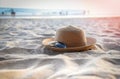 Hat summer - straw hat fasion and sunglasses accessories on sandy beach sea background Royalty Free Stock Photo