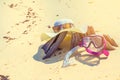 Hat and Sunglass on Timber the beach Relax Summer Vacation Holiday Concept Toned Royalty Free Stock Photo