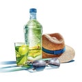Hat, sunglasses, and drink on table. There are also two glass bottles in scene. One of them is filled with green