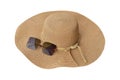 Hat and sunglasses isolated on a white background. Top view of beach summer accessories with copy space. clipping path included. H Royalty Free Stock Photo