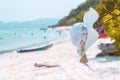 Hat And sunglasses lying on tropical sand beach Sunglasses on the beach. Beautiful sea view wallpaper, background Enjoyed a relaxi Royalty Free Stock Photo