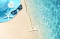 Hat and sunglasses on the sandy beach. Summer background Royalty Free Stock Photo