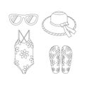 Hat, sunglasses, slippers, flip-flops, the swimsuit is compatible. Beach set for summer trips. Line art