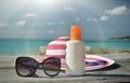 Hat, sunglasses and sun lotion Royalty Free Stock Photo