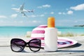 Hat, sunglasses and sun lotion Royalty Free Stock Photo