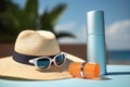 Hat, Sunglasses, and Sunscreen on Table