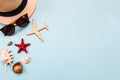 Hat, sunglasses, airplane, starfish and shells, background for travel advertising, text, lettering