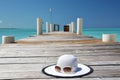 Hat and sunglasses on the wooden jetty Royalty Free Stock Photo
