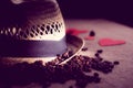 Hat with tape and beans freshly roasted coffee beans Royalty Free Stock Photo