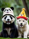 Hat tastic Trio Playful Panda Lion and Wolf Show Off Their Style.AI Generated