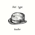 Hat type, bowler. Ink black and white drawing illustration