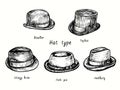 Hat type, bowler, tophat, stingy brim, pork pie, homburg. Ink black and white drawing