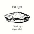 Hat type, Chitrali cap or Afghan pakol. Ink black and white drawing