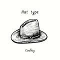 Hat type, cowboy hat. Ink black and white drawing illustration Royalty Free Stock Photo