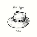 Hat type, fedora. Ink black and white drawing illustration Royalty Free Stock Photo