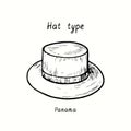 Hat type, panama. Ink black and white drawing illustration