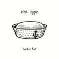 Hat type, Sailor hat dixie cup. Ink black and white drawing illustration