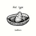 Hat type, Sombrero. Ink black and white drawing