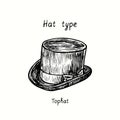 Hat type, tophat. Ink black and white drawing illustration