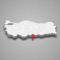 Hatay region location within Turkey 3d map