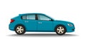 Hatchback turquoise car on white background. Luxury vehicle. Realistic automobile side view