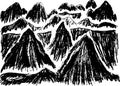 Hatched silhouettes of mountains. Set of hand-drawn hills