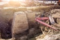 Hatches and sewer wells in a trench excavated by excavators during repair, drainage