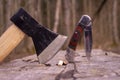 Hatchet or ax and pocket knife in a tree stump