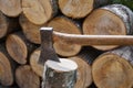 Hatchet or axe for chopping wood logs is ready for cutting timbe