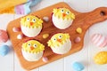 Hatching spring chick cupcakes on a wood paddle board over white wood Royalty Free Stock Photo