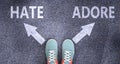 Hate and adore as different choices in life - pictured as words Hate, adore on a road to symbolize making decision and picking