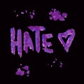 Hate. Bright color doodle typographic inscription in grunge style on black background. Illustrated text for poster