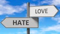 Hate and love as a choice - pictured as words Hate, love on road signs to show that when a person makes decision he can choose