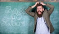 Hate school. Teacher or educator stands near chalkboard with inscription back to school. Teacher unhappy shouting Royalty Free Stock Photo