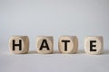 Hate symbol. Concept word Hate on wooden cubes. Beautiful white background. Business and Hate concept. Copy space Royalty Free Stock Photo