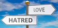 Hatred and love as different choices in life - pictured as words Hatred, love on road signs pointing at opposite ways to show that