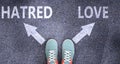 Hatred and love as different choices in life - pictured as words Hatred, love on a road to symbolize making decision and picking