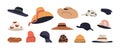 Hats, caps, panamas set. Knitted, straw, beach head wear, accessories designs. Different modern types of women and men Royalty Free Stock Photo
