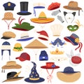 Hats clothes vector illustration set, cartoon flat fashion classic accessory on man woman head collection isolated on